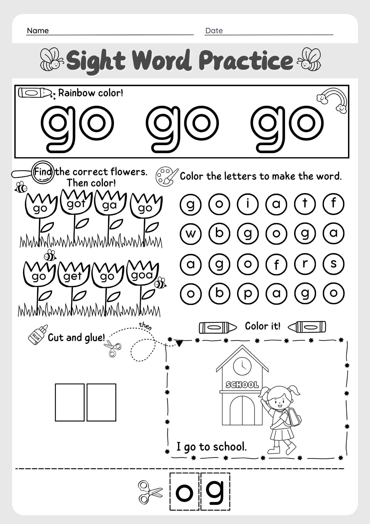 The Word "Go" Sight Word Cut and Paste Worksheet for Early Learners Pre K